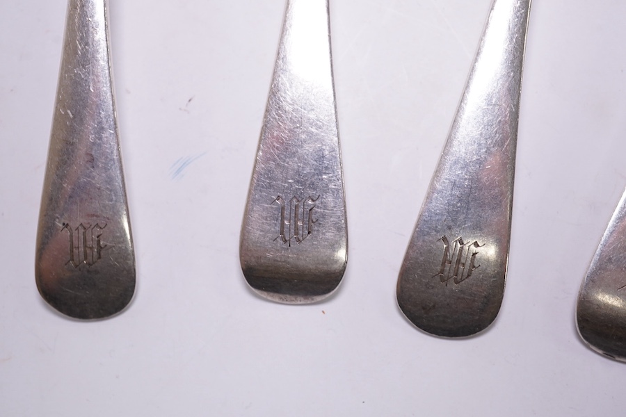 Five Victorian silver Old English pattern dessert spoons, by George Adams, London, 1880 and three other matched dessert spoons by Roberts & Dore, Sheffield, 1931, 11.6oz. Condition - fair